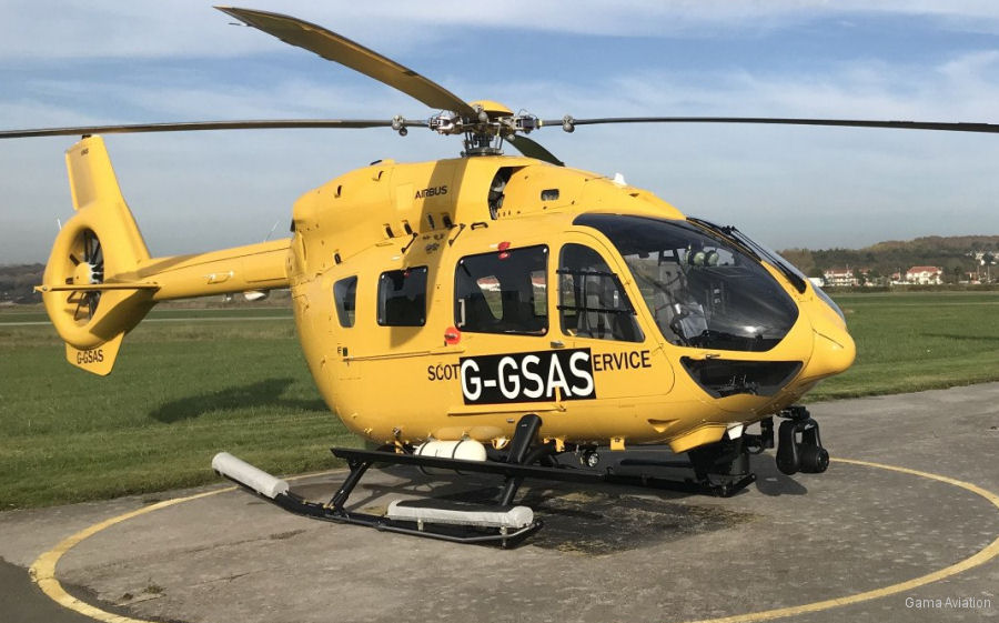 Helicopter Airbus H145D2 / EC145T2 Serial 20290 Register G-GSAS used by UK Air Ambulances SASv (Scottish Ambulance Service) ,Gama Aviation ,Airbus Helicopters UK. Aircraft history and location