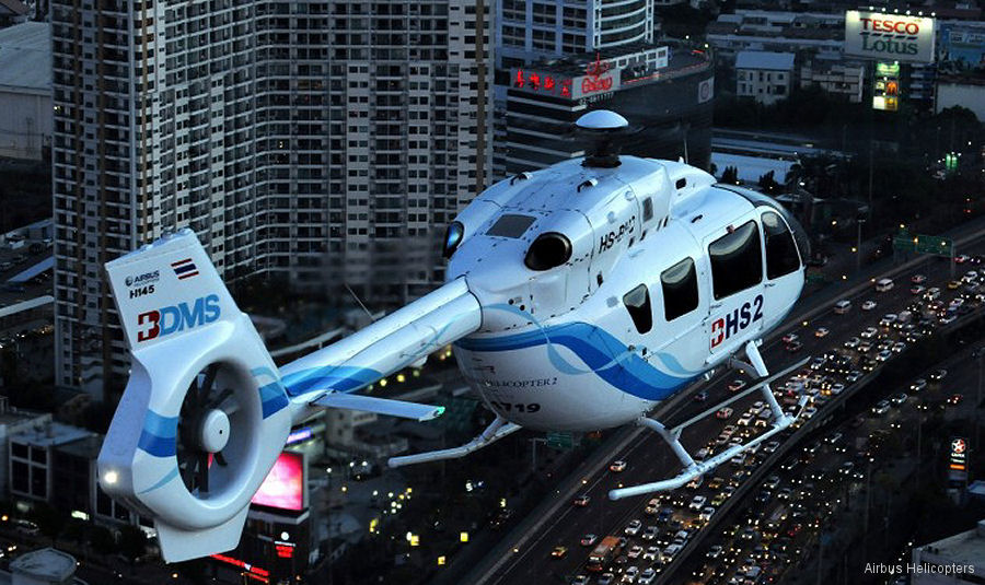 Helicopter Airbus H145D2 / EC145T2 Serial 20046 Register HS-BHQ 9V-HBQ used by Bangkok Helicopter Services BHS ,Airbus Helicopters Southeast Asia AHSA. Aircraft history and location