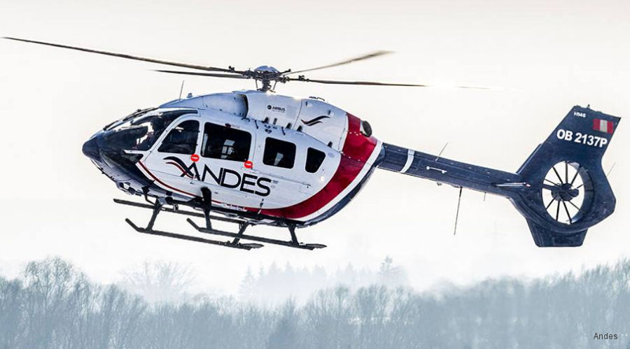 Helicopter Airbus H145 / EC145T2 Serial 20093 Register OB-2137-P D-HDON used by Servicios Aereos De Los Andes ,Waypoint Leasing ,Airbus Helicopters Deutschland GmbH (Airbus Helicopters Germany). Aircraft history and location