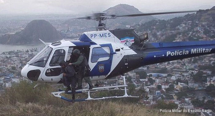 Helicopter Eurocopter HB350B2 Esquilo Serial 4501 Register PP-MES used by Policia Militar do Brasil (Brazilian Military Police) ,Helibras. Built 2008. Aircraft history and location