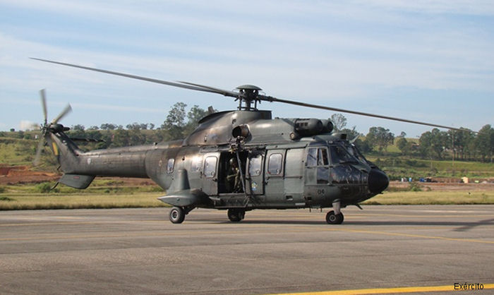 Helicopter Eurocopter AS532UE Cougar Serial 2586 Register EB-4004 used by Comando de Aviação do Exército (Brazilian Army Aviation) ,Helibras. Aircraft history and location