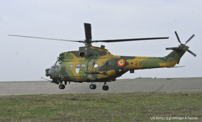 Helicopter IAR 330L Serial 040 Register 28 used by Fortele Aeriene Romane (romanian air force). Aircraft history and location