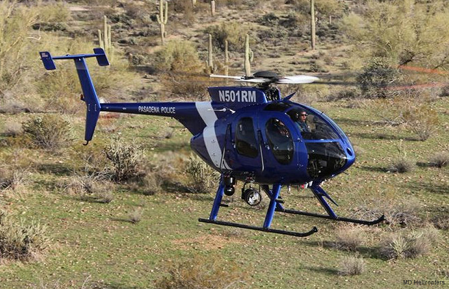 Helicopter MD Helicopters MD500E Serial 0598E Register N501RM used by Pasadena Police Department ,MD Helicopters MDHI. Built 2009. Aircraft history and location