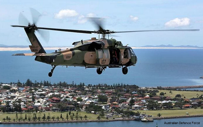 Helicopter Sikorsky S-70A-9 Black Hawk Serial 70-1135 Register A25-107 used by Australian Army Aviation (Australian Army) ,Royal Australian Air Force RAAF. Aircraft history and location