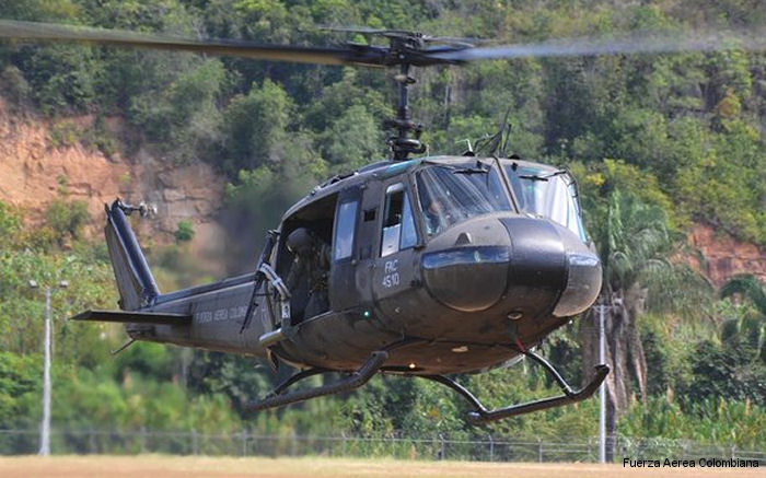 Helicopter Bell UH-1H Iroquois Serial 11257 Register FAC4510 N347SD 68-16598 used by Fuerza Aerea Colombiana FAC (Colombian Air Force) ,US Department of State ,US Army Aviation Army. Aircraft history and location