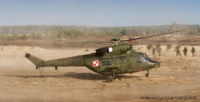 Helicopter PZL W-3WA sokol Serial 360904 Register 0904 used by Wojska Lądowe  (Polish Army ). Aircraft history and location