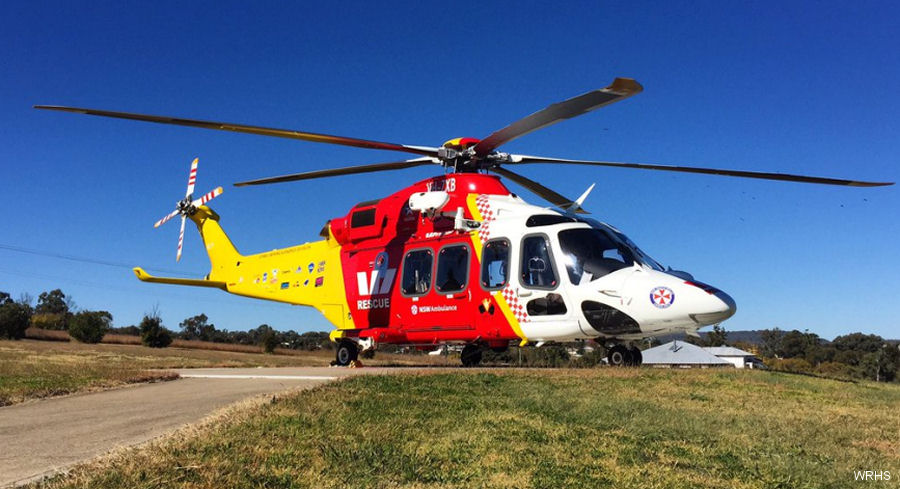 Helicopter AgustaWestland AW139 Serial 31733 Register VH-ZXB used by Australia Air Ambulances WRHS (Westpac Life Saver Rescue Helicopter Service) ,LCI Aviation (Lease Corporation International). Built 2016. Aircraft history and location