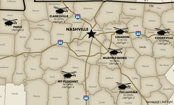 Vanderbilt LifeFlight bases and locations coverage area
