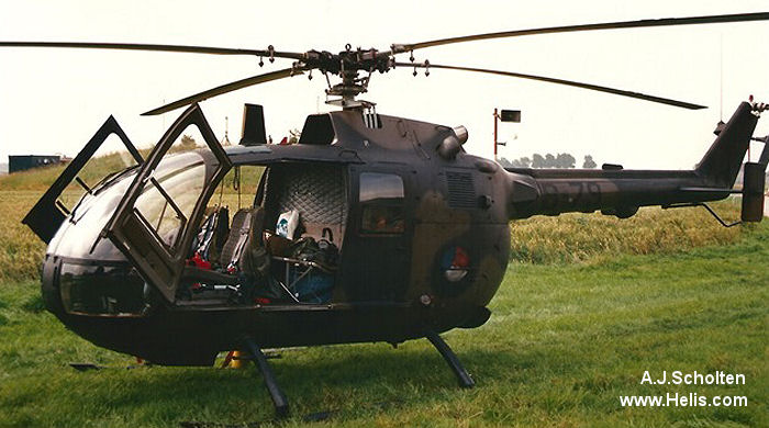 Helicopter MBB Bo105CB Serial S-279 Register B-79 used by Koninklijke Luchtmacht RNLAF (Royal Netherlands Air Force). Built 1976. Aircraft history and location