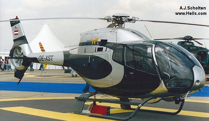 Helicopter Eurocopter EC120B Serial 1215 Register OE-XST F-WQDB used by Aerial-Helicopter ,Eurocopter France. Built 2001. Aircraft history and location