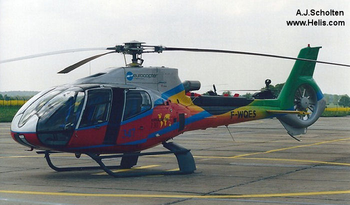 Helicopter Eurocopter EC130B4 Serial 3257 Register F-WQES used by Eurocopter France. Built 2000. Aircraft history and location