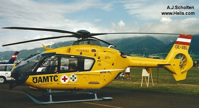 Helicopter Eurocopter EC135T1 Serial 0187 Register OE-XEL used by ÖAMTC Christophorus 3. Built 2001. Aircraft history and location