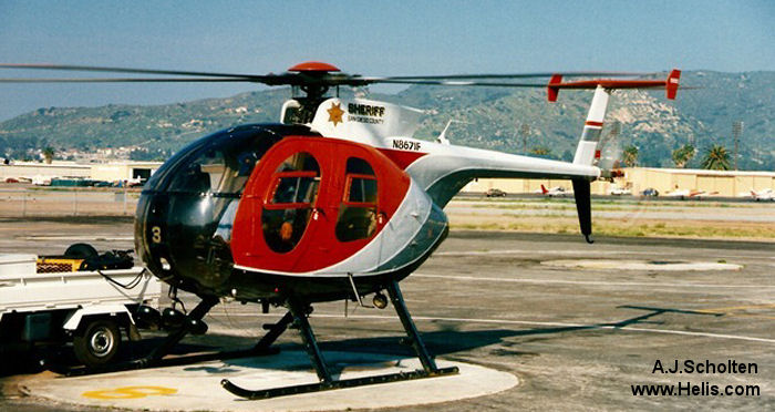 Helicopter Hughes 369D / 500D Serial 87-0173D Register N556AC N255SP N8671F used by SDSO (San Diego County Sheriffs Department). Built 1977. Aircraft history and location