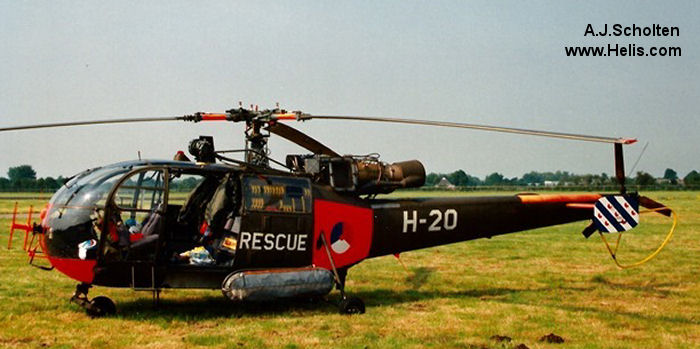 Helicopter Aerospatiale SE3160 / SA316A Alouette III Serial 1320 Register H-20 used by Koninklijke Luchtmacht RNLAF (Royal Netherlands Air Force). Built 1966. Aircraft history and location