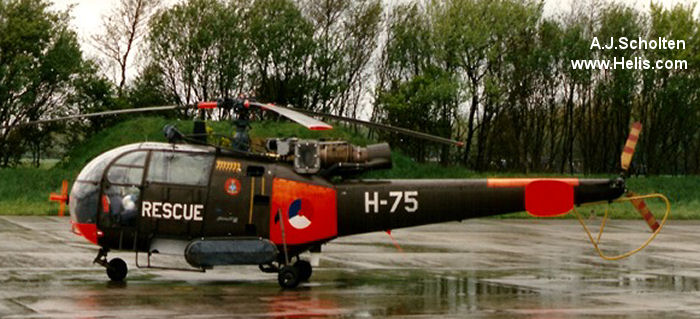 Helicopter Aerospatiale SE3160 / SA316A Alouette III Serial 1375 Register 1375 H-75 used by Pakistan Navy ,Koninklijke Luchtmacht RNLAF (Royal Netherlands Air Force). Built 1966. Aircraft history and location