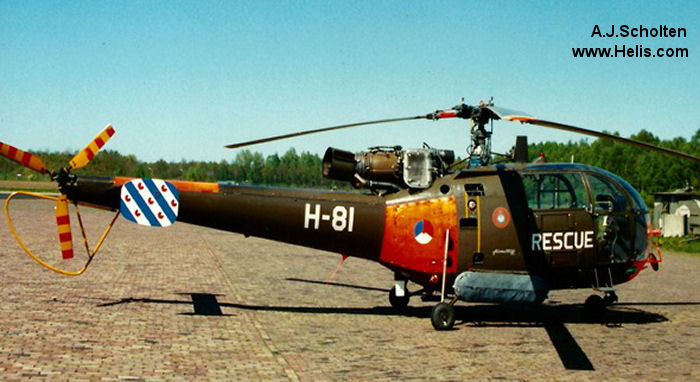 Helicopter Aerospatiale SE3160 / SA316A Alouette III Serial 1381 Register H-81 used by Koninklijke Luchtmacht RNLAF (Royal Netherlands Air Force). Built 1966. Aircraft history and location