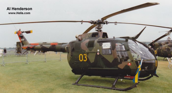 Helicopter MBB Bo105CB-3 Serial S-1753 Register 09203 D-HNYC used by Försvarsmakten (Swedish Armed Forces) ,armen (swedish army) ,MBB. Aircraft history and location