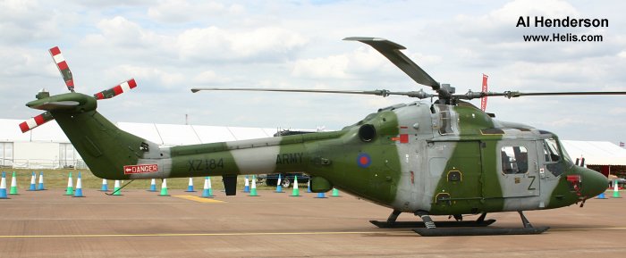 Helicopter Westland Lynx AH1 Serial 065 Register XZ184 used by Army Air Corps AAC (British Army). Built 1978. Aircraft history and location