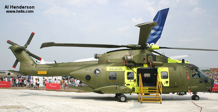 Helicopter AgustaWestland EH101 Mk.512 Serial 50106 Register ZJ992 M-503 used by Fleet Air Arm RN (Royal Navy) ,Royal Air Force RAF ,Flyvevåbnet (Royal Danish Air Force) ,AgustaWestland UK. Built 2004. Aircraft history and location