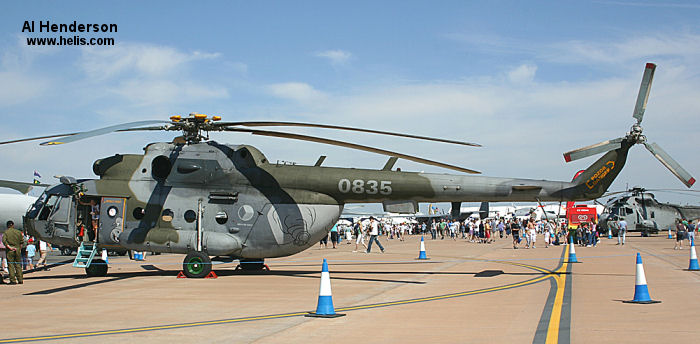 Helicopter Mil Mi-17 Hip-H Serial 108M35 Register 0835 used by Vzdušné síly AČR (Czech Air Force) ,Ceskoslovenske VoJenske Letectvo (Czechoslovak army air force). Aircraft history and location