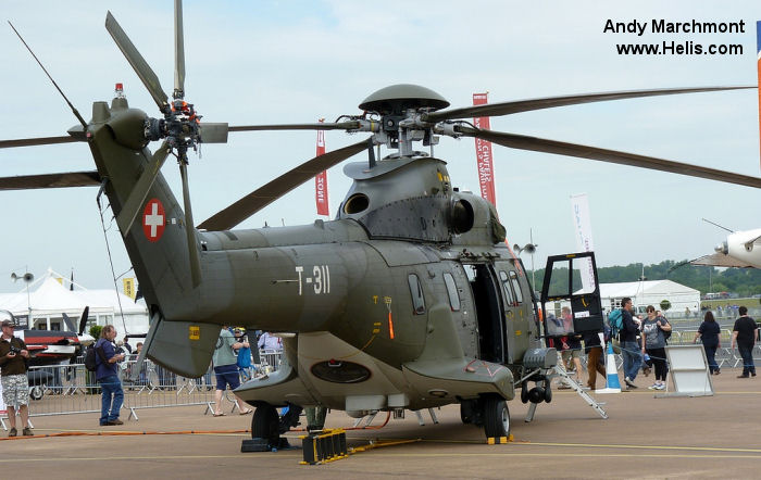 Helicopter Aerospatiale AS332M Super Puma Serial 2216 Register T-311 used by United Nations UNHAS ,Schweizer Luftwaffe (Swiss Air Force). Built 1987. Aircraft history and location