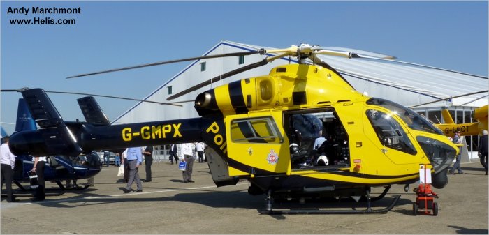 Helicopter McDonnell Douglas MD902 Explorer Serial 900/00122 Register R910 G-GMPX N9114R used by Rendőrség (Hungarian Police) ,Specialist Aviation Services SAS ,UK Police Forces ,MD Helicopters MDHI. Built 2007. Aircraft history and location