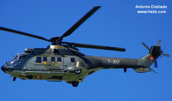 Helicopter Aerospatiale AS332M1 Super Puma Serial 2337 Register T-317 used by Schweizer Luftwaffe (Swiss Air Force). Built 1991. Aircraft history and location