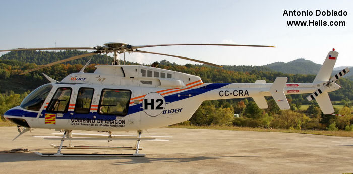 Helicopter Bell 407 Serial 53795 Register EC-LXJ CC-CRA C-FPUU used by Administraciones Locales (Spanish Autonomous Communities) ,INAER ,INAER Chile ,Bell Helicopter Canada. Built 2007. Aircraft history and location
