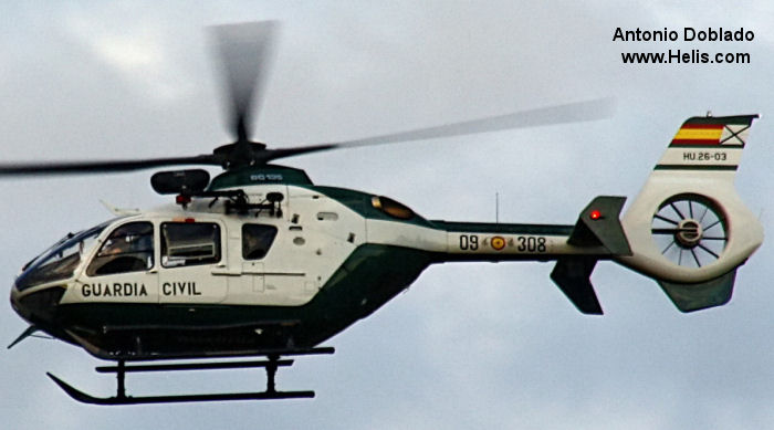 Helicopter Eurocopter EC135P2+ Serial 0876 Register HU.26-03 used by Guardia Civil (Spanish Civil Guard (Military Police)). Built 2010. Aircraft history and location