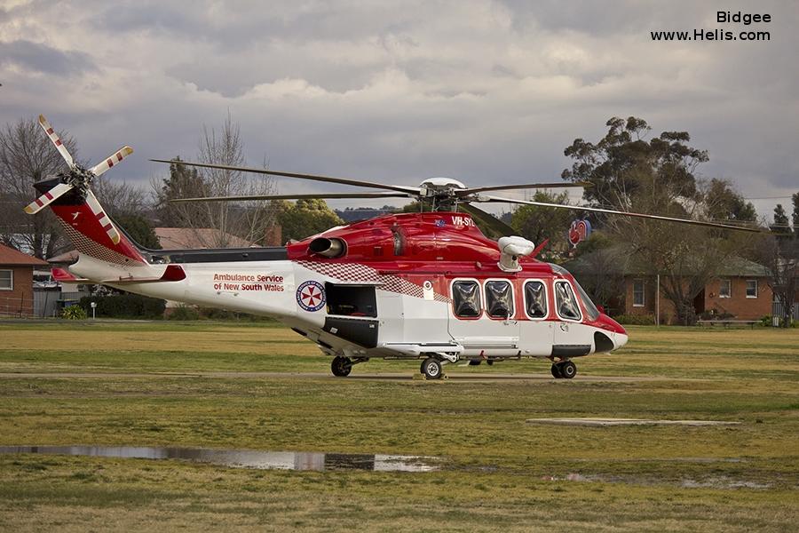 Helicopter AgustaWestland AW139 Serial 31155 Register VH-SYZ used by Royal Australian Air Force RAAF ,Australia Air Ambulances NSW Ambulance ,CHC Helicopters Australia. Built 2009. Aircraft history and location