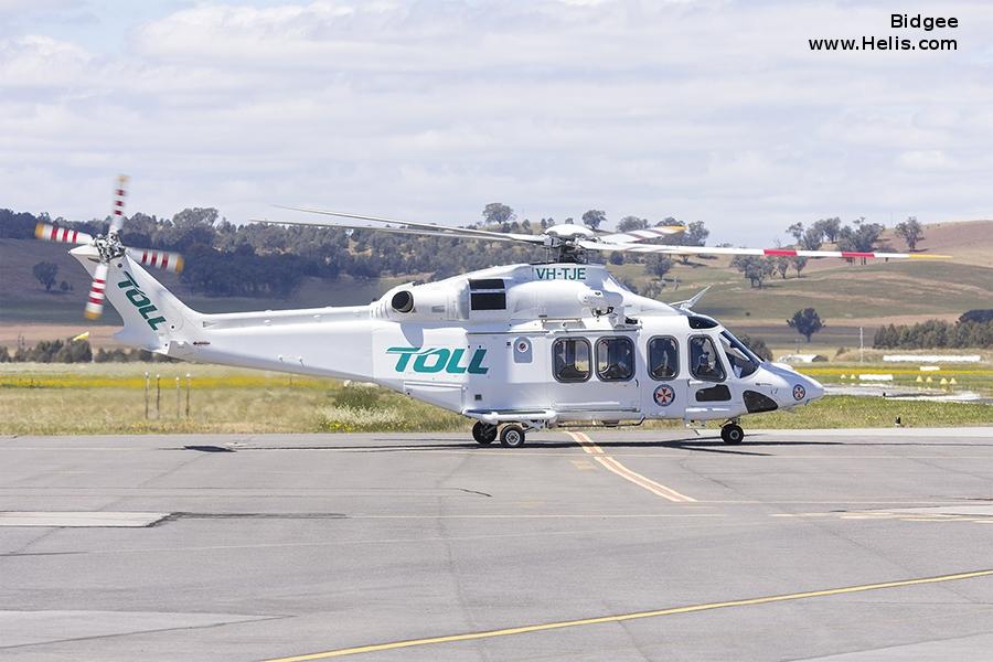 Helicopter AgustaWestland AW139 Serial 31741 Register VH-TJE used by Australia Air Ambulances ,Toll Group ,Helicorp Pty Ltd. Built 2016. Aircraft history and location