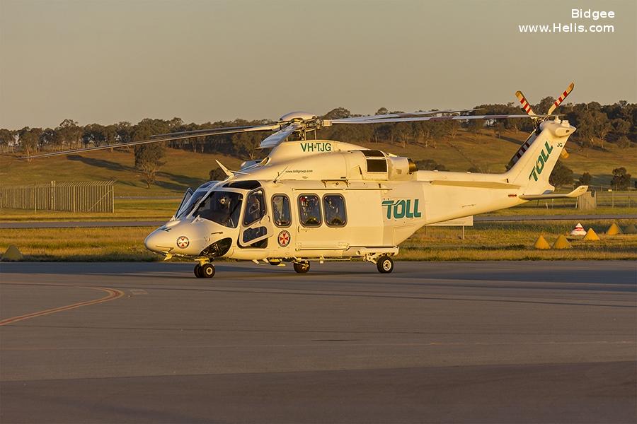 Helicopter AgustaWestland AW139 Serial 31743 Register VH-TJG used by Australia Air Ambulances ,Toll Group ,Helicorp Pty Ltd. Built 2016. Aircraft history and location