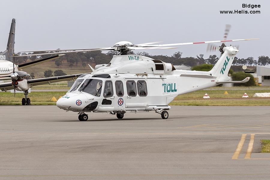 Helicopter AgustaWestland AW139 Serial 31747 Register VH-TJI used by Australia Air Ambulances ,Toll Group ,Helicorp Pty Ltd. Built 2016. Aircraft history and location