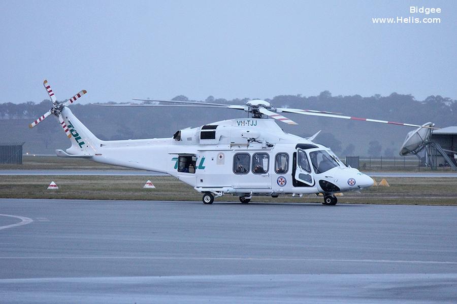 Helicopter AgustaWestland AW139 Serial 31723 Register VH-TJJ I-RAIN I-EASM used by Australia Air Ambulances ,Toll Group ,Helicorp Pty Ltd ,AgustaWestland Italy. Built 2016. Aircraft history and location