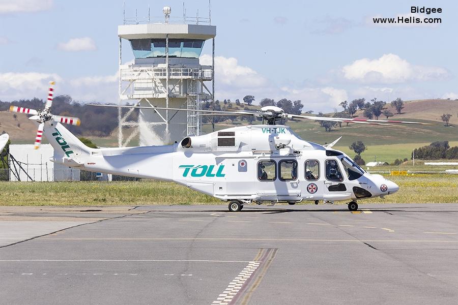 Helicopter AgustaWestland AW139 Serial 31729 Register VH-TJK used by Australia Air Ambulances ,Toll Group ,Helicorp Pty Ltd. Built 2016. Aircraft history and location
