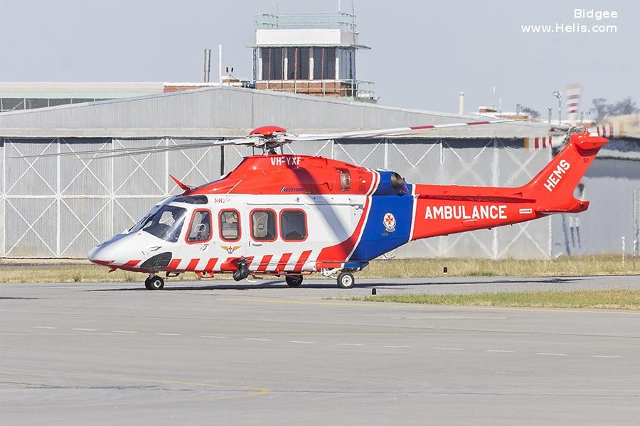 Helicopter AgustaWestland AW139 Serial 31591 Register VH-YXF used by Australia Air Ambulances Air Ambulance Victoria ,Australian Helicopters AHPL. Built 2014. Aircraft history and location
