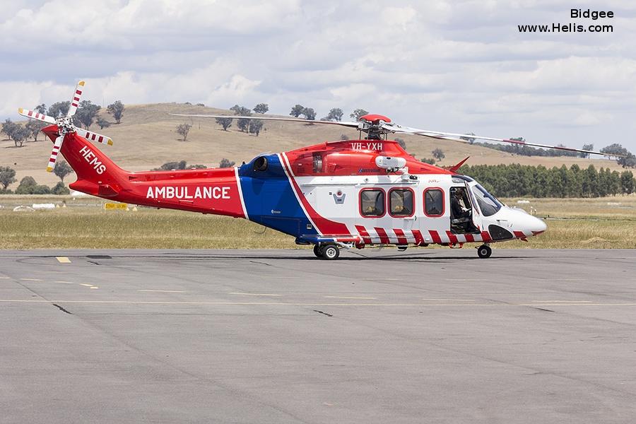 Helicopter AgustaWestland AW139 Serial 31607 Register VH-YXH used by Australia Air Ambulances Air Ambulance Victoria ,Australian Helicopters AHPL. Built 2015. Aircraft history and location