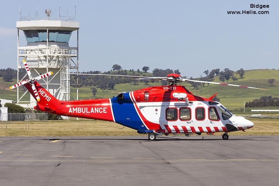 Helicopter AgustaWestland AW139 Serial 31618 Register VH-YXI used by Australia Air Ambulances Air Ambulance Victoria ,Australian Helicopters AHPL. Built 2015. Aircraft history and location