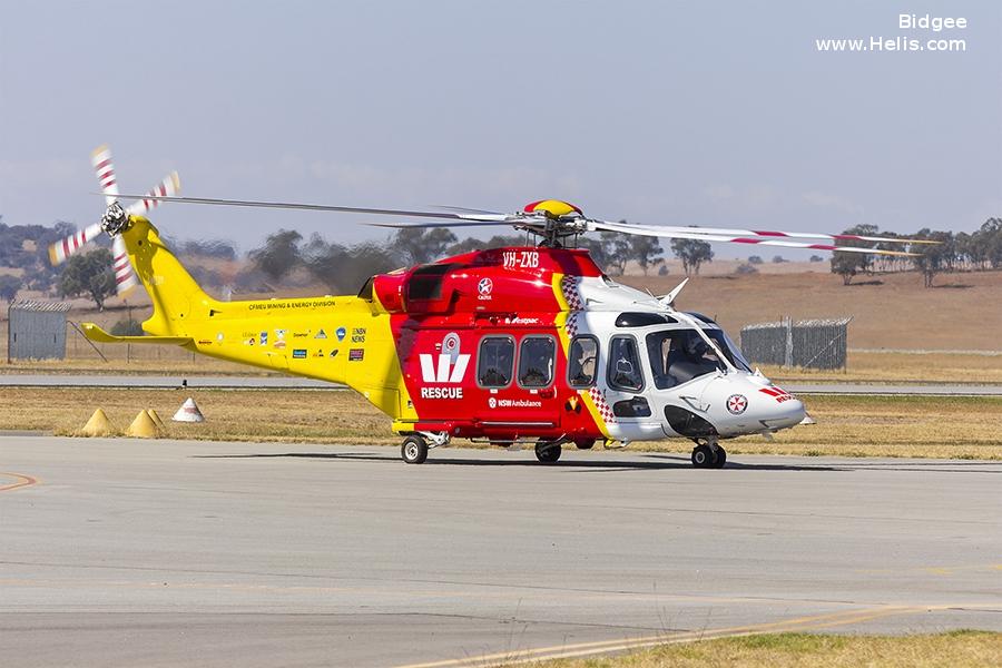 Helicopter AgustaWestland AW139 Serial 31733 Register VH-ZXB used by Australia Air Ambulances WRHS (Westpac Life Saver Rescue Helicopter Service) ,LCI Aviation (Lease Corporation International). Built 2016. Aircraft history and location