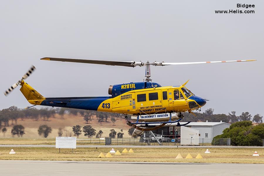 Helicopter Bell 214B Serial 28036 Register N281JL ZK-HAU HL9192 C-GGYX HL9144 C-GTWS JA9202 used by McDermott Aviation ,Bank Of Utah ,Black Tusk Helicopter ,Transwest Helicopters TWH ,Central Helicopter Service CHS. Built 1978. Aircraft history and location