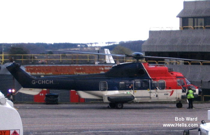 Helicopter Eurocopter AS332L2 Super Puma Serial 2601 Register G-CHCH used by Airbus Helicopters UK ,CHC Scotia. Built 2003. Aircraft history and location