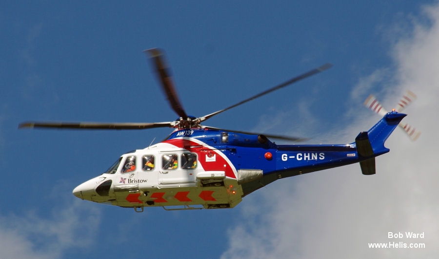 Helicopter AgustaWestland AW139 Serial 31465 Register G-CHNS used by Bristow. Built 2012. Aircraft history and location