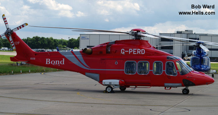 Helicopter AgustaWestland AW139 Serial 41270 Register G-PERD LN-OEA N359SH used by CHC Scotia ,Offshore Helicopter Services OHS ,Babcock International Babcock ,Bond Aviation Group ,Norsk Helikopterservice NHS ,AgustaWestland Philadelphia (AgustaWestland USA). Built 2012. Aircraft history and location