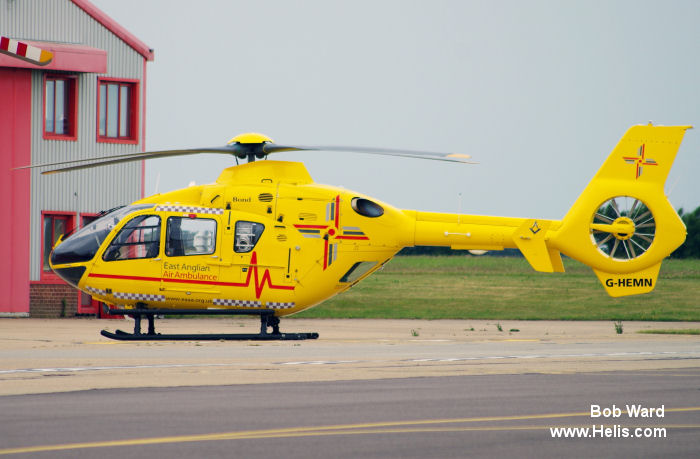 Helicopter Eurocopter EC135T2+ Serial 1070 Register G-HEMN used by UK Air Ambulances ,WAAC (Wales Air Ambulance) ,Babcock International Babcock ,EAAA (East Anglian Air Ambulance) ,Bond Aviation Group. Built 2012. Aircraft history and location