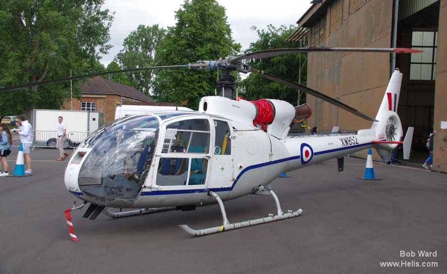 Helicopter Aerospatiale SA341D Gazelle HT.3 Serial 1024 Register XW852 used by Royal Air Force RAF. Built 1973 Converted to SA341E Gazelle HCC.4. Aircraft history and location