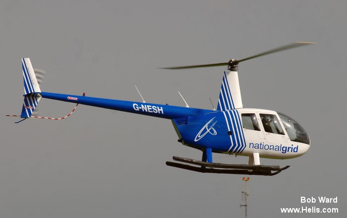 Helicopter Robinson R44 Clipper II Serial 11609 Register G-NESH used by National Grid ,Helicentre Aviation. Built 2007. Aircraft history and location