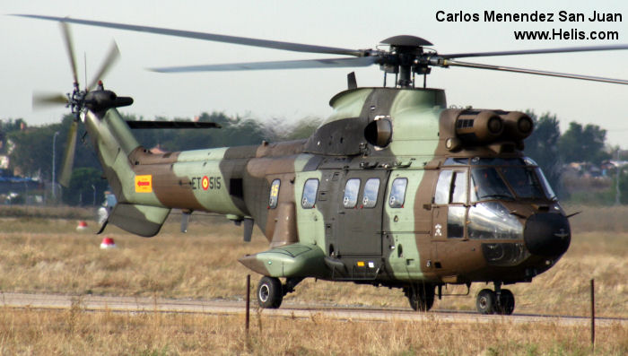 Helicopter Aerospatiale AS332B Super Puma Serial 2258 Register HU.21-17 HT.21-17 used by Fuerzas Aeromóviles del Ejército de Tierra FAMET (Spanish Army Aviation). Aircraft history and location