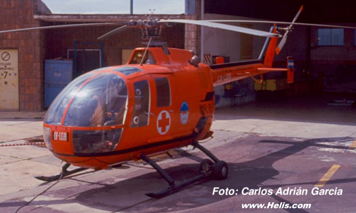 Helicopter MBB Bo105A Serial S-53 Register LV-LGR used by Gobierno Nacional MSAL (Health Ministery). Built 1972. Aircraft history and location