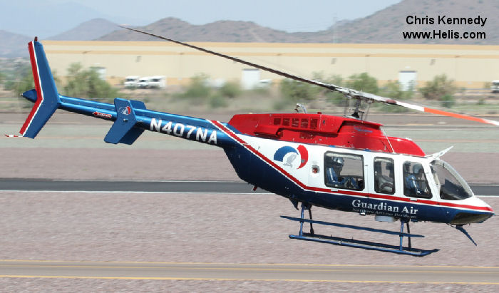 Helicopter Bell 407 Serial 53592 Register N407NA N777BC used by Flagstaff Medical Center. Built 2004. Aircraft history and location