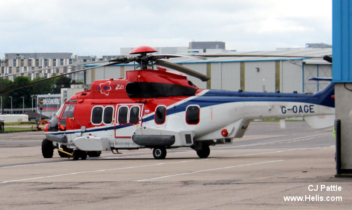 Helicopter Airbus H225 Serial 2949 Register G-OAGE used by CHC Scotia. Built 2014. Aircraft history and location